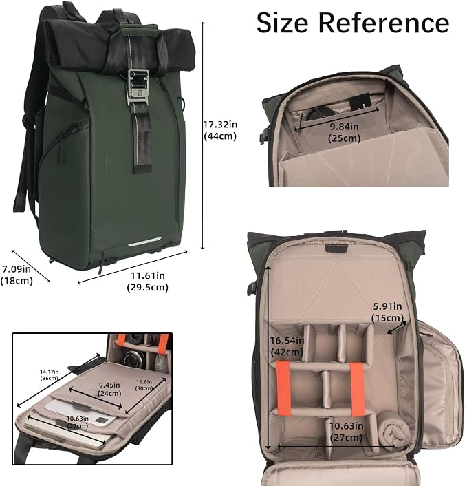 Camera Backpack, Waterproof Travel Camera Bag for Photographer Expandable Roll Top Photography Case for DSLR SLR Mirrorless Camera Fit up to 15.6 inch Laptop with Rain Cover - Image 6