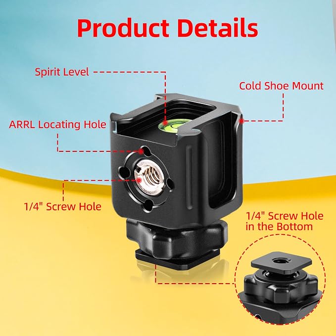 Zeadio Universal Camera Mount with 3 Cold Shoe Mounts, Hot Shoe Base & 1/4"-20 Thread | Built-in Level | Multi-Device Monitor/Light Mount Holder - Image 3