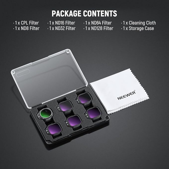 NEEWER CPL ND Filter Set Compatible with DJI Mini 5 Pro (CPL/ND8/ND16/ND32/ND64/ND128), Snap On Circular Polarizing Polarizer Neutral Density Lens Filter Multicoated Drone Camera Accessories, 6 Pack - Image 9