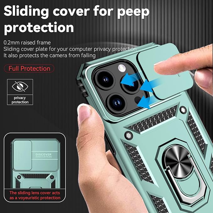 HNHYGETE for iPhone 15 Pro Case with HD Screen Protector: [Military Grade 20ft. Drop Tested] Slide Camera Cover Ring Shockproof Protective Phone Case for - iPhone 15 Pro (Dark Green) - Image 4