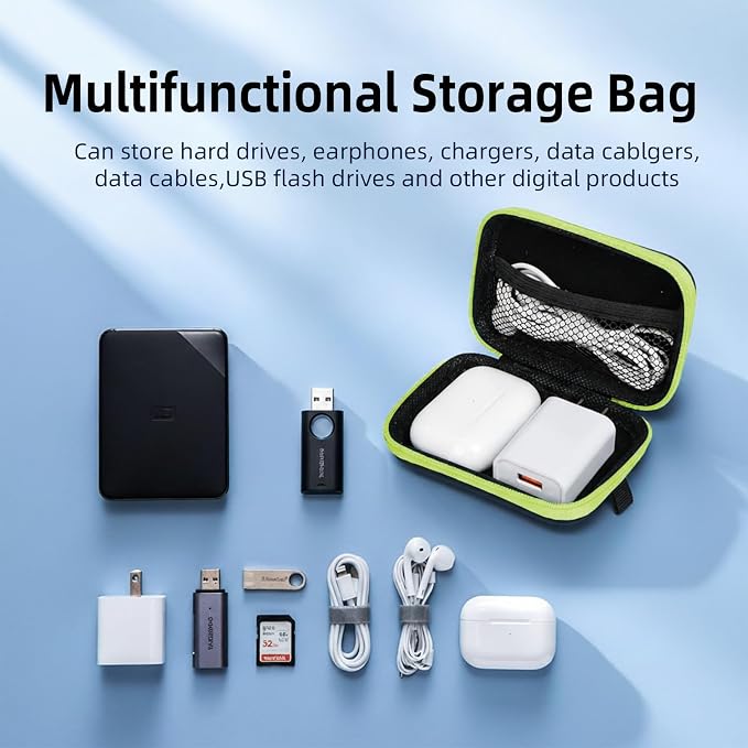Earbud Case Portable EVA Storage Bag Cell Phone Accessories Organizer with Carabiner for Wired/Wireless Earphone, Earbud, Earpieces, SD Memory Card, Camera Chips, Tech Pouch, Rectangle, Green - Image 4