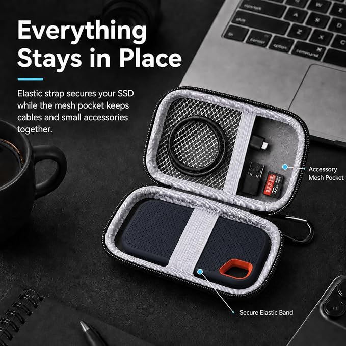 PAIYULE Hard Drive Case for SanDisk Extreme Portable SSD & Extreme PRO SSD | Elastic Strap Secures the SSD, Mesh Pocket Organizes Cables, Carabiner Adds Portability, Case Only(Black, For Sandisk V2) - Image 5