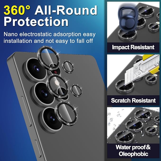 for Samsung Galaxy S25 Ultra Camera Lens Protector, Individual Metal Ring Tempered Glass Lens Cover, [Strong Adsorption] Scratch Resistant Ultra-Thin HD Clear Lens Cover, 1 Set-Black Sparkly - Image 3