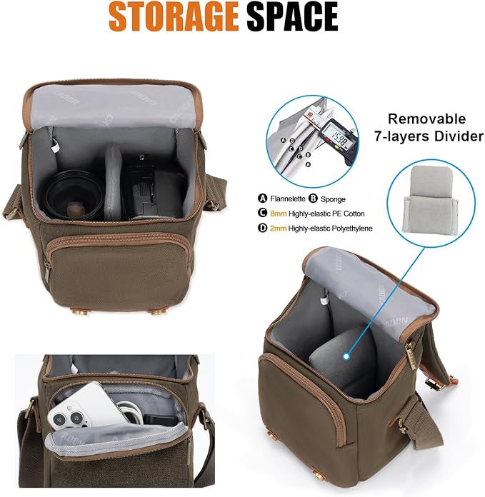 CADeN Compact Camera Bag Case Canvas Leather Trim Compatible for Nikon, Canon, Sony Mirrorless Camera and Lenses Waterproof, Camera Shoulder Messenger Bag (Small 1.0 Brown) - Image 2