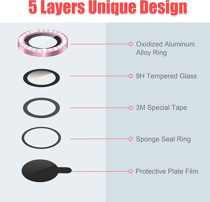 AGVEE 3+3 6 Pack for iPhone 15/15 Plus Camera Lens Protector Cover | Individual Bling Diamond & Bling Glitter Sparkle Cute Gem Metal Ring, 9H Tempered HD Glass - Image 7