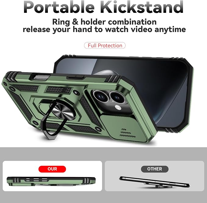SunStory Phone Case for iPhone 17 Case with HD Screen Protector & Slide Camera Cover & Rotated Ring Kickstand, [Military-Grade] Phone Case for iPhone 17, Army Green - Image 2