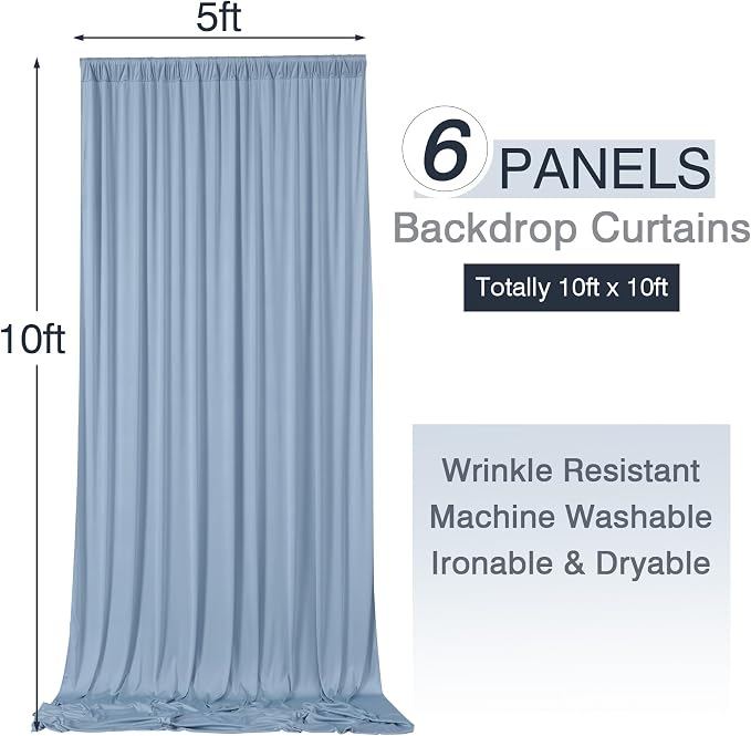 30x10ft Wrinkle Free Dusty Blue Backdrop Curtains for Parties, 6 Panels 5x10ft Silky Polyester Photo Backdrop Drapes Back Drop Cloth Drapery for Wedding Birthday Photography Background - Image 6