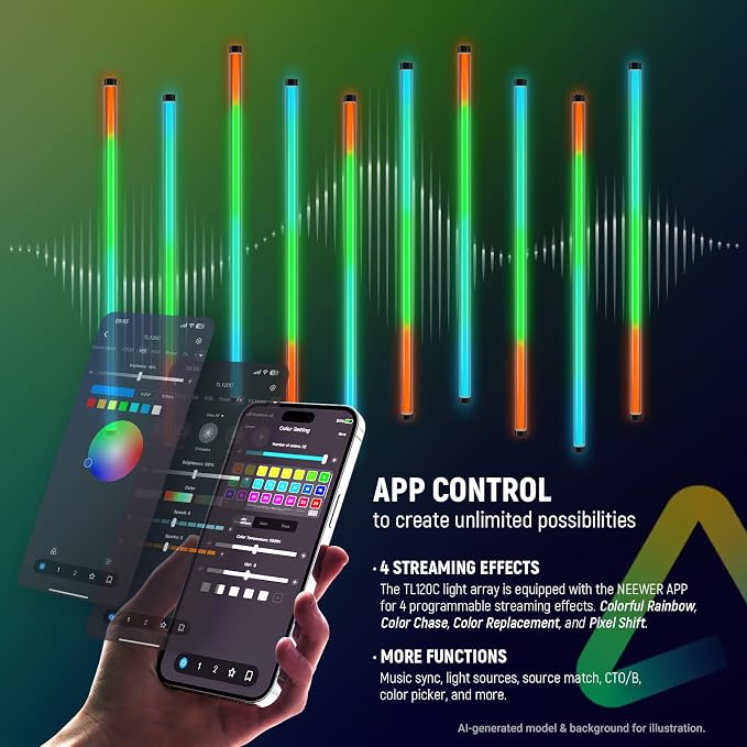 NEEWER TL120C RGB Tube Light, 42W Full Color RGBWW Photography LED Video Light Wand Stick with APP/2.4G/DMX Control, 7 Pixel Effects/18 Scenes, 2500K-10000K CRI97+ TLCI98+, 6000mAh Battery | Video Light Wand Stick, APP/2.4G/DMX Control, 7 Pixel Effects... - Image 6