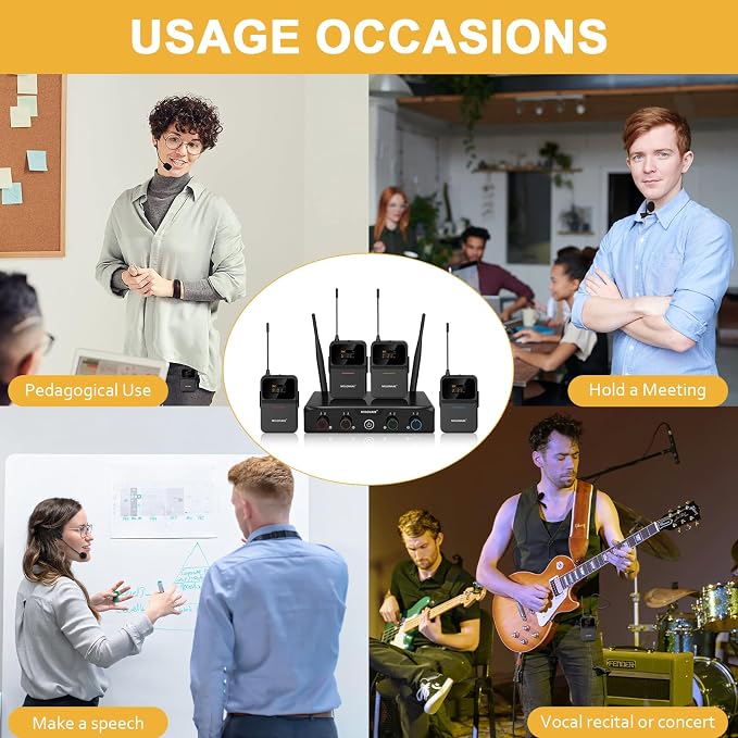MELONARE Compact 4-Channel UHF Wireless Microphone System MWM-41-4B | 4 Headset/Lapel Microphones, 4 x 10 Frequencies, 200 ft Range, Hands-Free Vocals, Church, Conference - Image 9