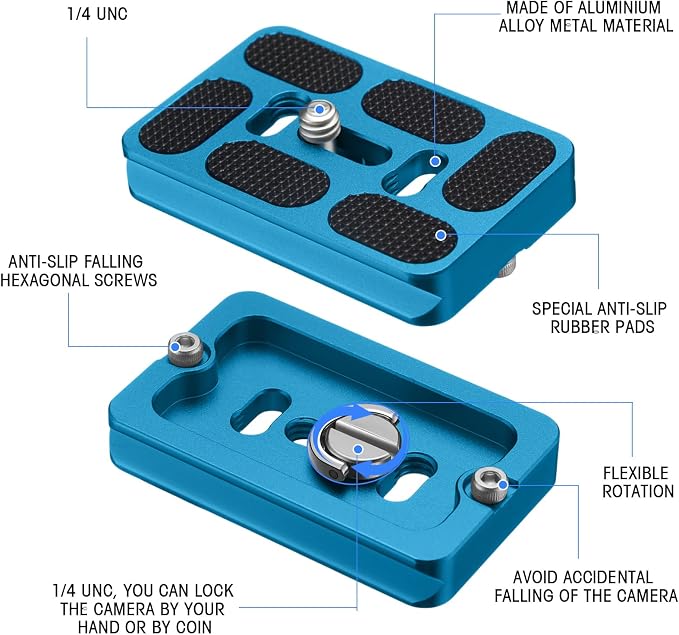 Frienda Quick Release Plate Tripod 1/4-20 DSLR,Pu60,Blue | Tripod Mount Plate, Camera Tripod Mount for DSLR Camera Tripod Ball Head , Metal, 1.9 x 1.5 x 0.4 Inch - Image 3