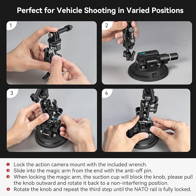 SMALLRIG 4" Camera Suction Mount with Ball Head Magic Arm, Car Mount for Lightweight Camera/Action Camera/Phone, Air Pump Vacuum Suction Cup, Max Load 3kg/6.6 Pound - 4236 - Image 8