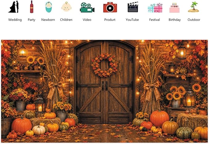 Rustic Barn Wooden Door Fall Backdrop 20x10ft Brick Wall Maple Leaf String Light Thanksgiving Background Pumpkin Sunflower Haystack Harvest Autumn Famliy Party Decorations Vinyl - Image 2