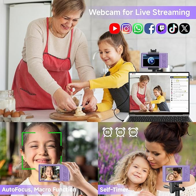 Digital Camera, FHD 4K Digital Camera for Kids Purple with 64GB SD Card 16X Digital Zoom, Cameras for Photography Compact Point and Shoot Camera for Teen Boys Girls Kids Autofocus Camera Digital - Image 5