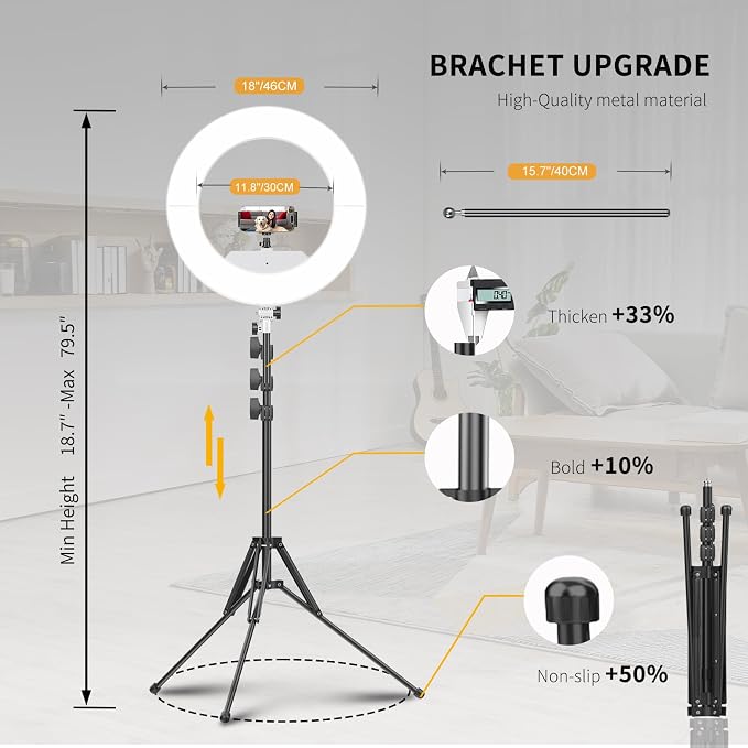 55W18 45cm Ring Light Kit [New Version] 6700K Dimmable LEDRinglightTripod Stand Dual Phone Holder for iPhone Selfie Makeup LashTattoo Studio Lighting Painting,Photo Video Recording (White) - Image 3