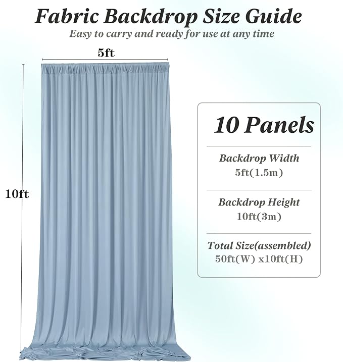 50 ft x 10 ft Wrinkle Free Dusty Blue Backdrop Curtain for Parties, 10 Panels 10ft Polyester Dusty Blue Photo Backdrop Drapes for Graduation Birthday Wedding Party Stage Curtains - Image 7