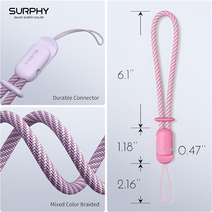 SURPHY 2 Pack Phone Lanyard, Phone Wrist Strap for Case, Camera Wrist Strap | Ultra-Light 2-Color Braided Phone Strap, Cellphone Charm Strap, Anti-Lost Wrist Lanyard for Women and Men, Rose Pink Lilac - Image 6