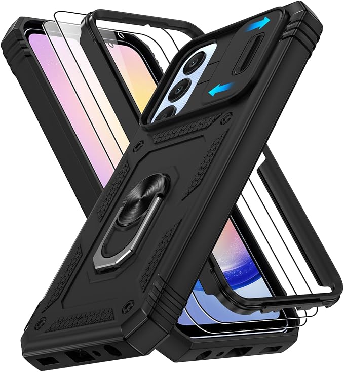 Fit for Samsung Galaxy A25 5G Phone Case with 2PCS Screen Protector, Build in 360° Rotating Ring Kickstand, Military Grade Protective Case for Samsung A25 Case Phone, Black by Gritup