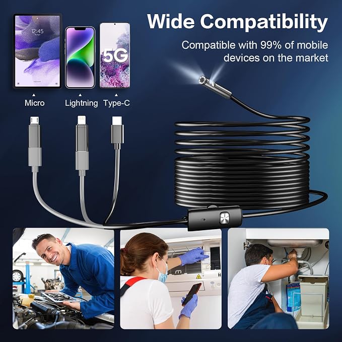 Dual Lens Endoscope Camera with Light Borescope Inspection Camera | Borescope Camera with 8+1 Adjustable LED Lights 1980P IP68 Waterproof 16.5ft Semi Rigid Snake Camera for iPhone iPad Phone - Image 7