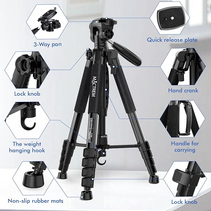 MACTREM 75in Aluminum Lightweight Travel Tripod for DSLR Camera Phone iPad | 3-Way Head 360° Rotation. With Phone iPad Mount, Bluetooth Remote. Stable Aluminum Stand for Video & Photography. - Image 8
