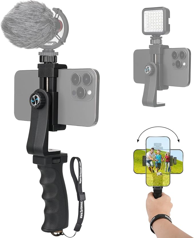 Ergonomic Smartphone Vlogging Hand Grip Stabilizer Holder Mount Video Kit | Landscape+Portrait Dual Mode, Anti-Falling Safety Strap,Mic/Light Adapter,Portable & Solid Selfie Stick for iPhone Samsung by Fantaseal