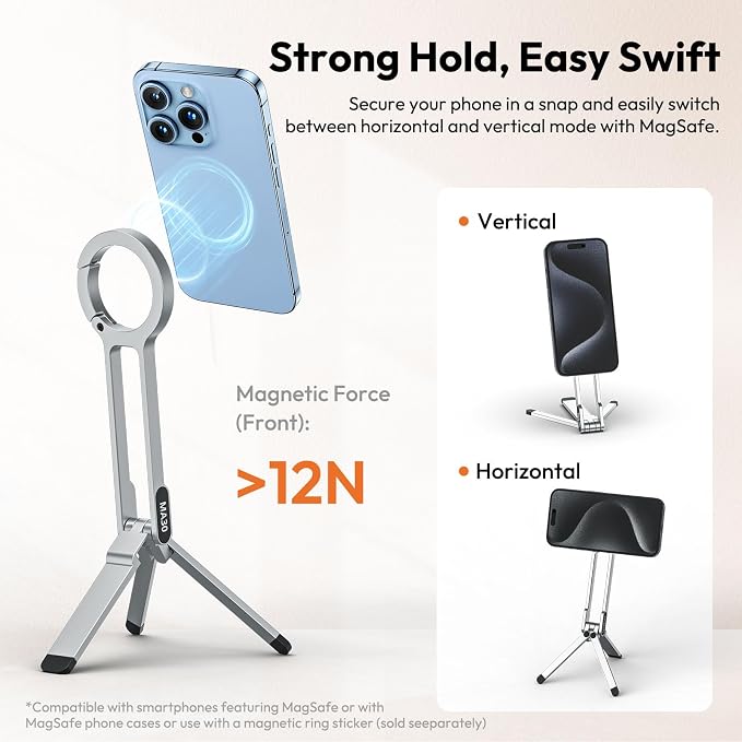 ULANZI MA30 Magnetic Phone Tripod Stand for iPhone - Aluminium Maglock Smartphone Mini Tripod Pocket Cell Phone Stand Strong Magnet Quick Mount Compatible with iPhone 17 16 15 14 13 12 Series, Silver - Image 4
