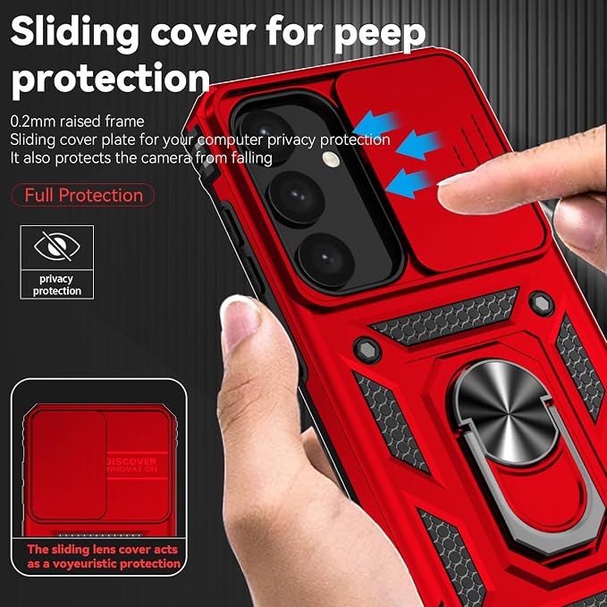 for Samsung Galaxy S24 Plus Case with Camera Lens Cover HD Screen Protector, Military-Grade Drop Tested Magnetic Ring Holder Kickstand Protective Phone Case for Samsung Galaxy S24 Plus (Red) - Image 4