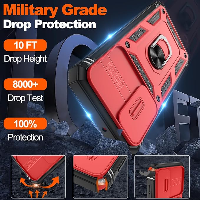 Gritup for Samsung Galaxy A17/A16-5G Phone Case with Camera Cover | 2*Screen Protector & 360° Rotating Ring Kickstand, Military Grade Protective Cover para Galaxy A 17, Red+Black - Image 5