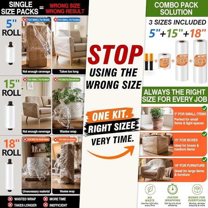 Stretch Film Shrink Wrap Complete Moving Kit (5"+15"+18") x 1000 Ft for Moving Supplies, Heavy Duty Plastic Wrap Stretch Roll for Moving Boxes Toys Books Pallet Wrapping Furniture with Handles, Clear - Image 5