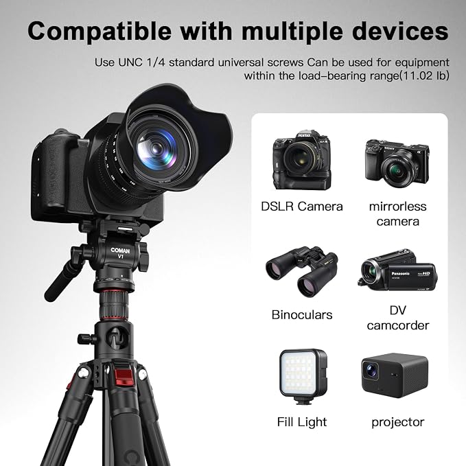 72" Overhead Camera Tripod with Fluid Head,Horizontal Tripod for Top-Down Product & Food Photography,Detachable Monopod&Invertible Center Column,Aluminum Tripod for DSLR Camcorder Spotting Scope - Image 4