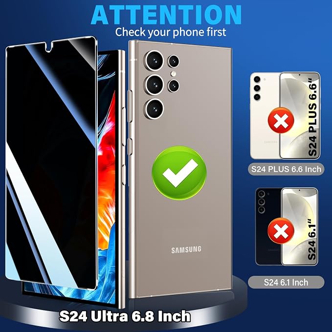 3 Pack Privacy Screen Protector for Samsung Galaxy S24 Ultra Tempered Glass, 9H+ Hardness, 12FT Military Grade Shatterproof, Auto Alignment Frame, Bubble Free Case Friendly HD Clear 6.8 Inch - Image 2
