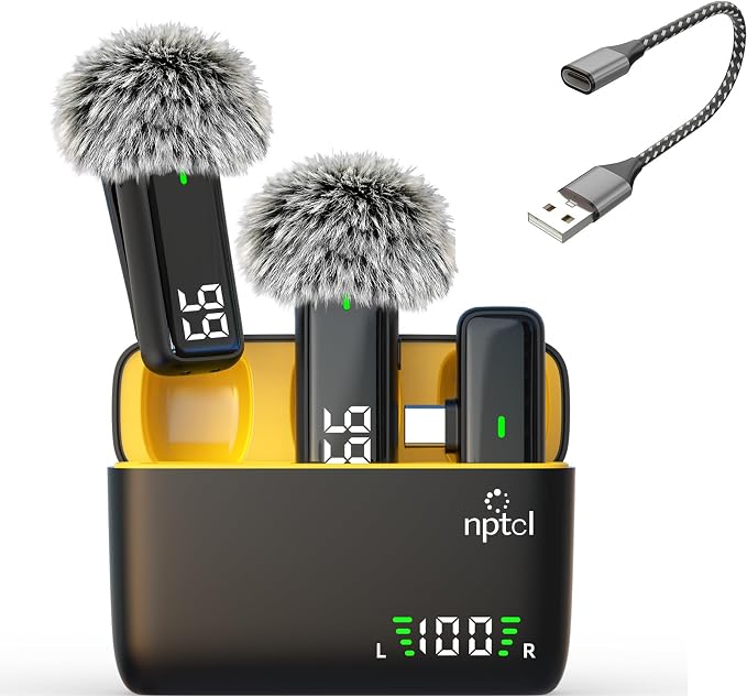 NPTCL Wireless USB Type C Microphone for iPhone 17/15/16 PC Laptop Computer | Noise Canceling, LED Digital Charge Display, 1100mAh Charging Case, Lavalier Mics for Content Creator Vlog Video Recording by NPTCL