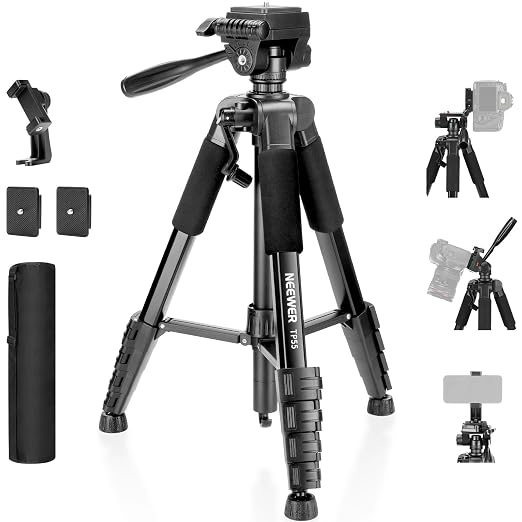 NEEWER BASICS Camera Tripod, 71'' Tripod with Cell Phone Holder Mount Compatible with iPhone for Video Recording, Professional Aluminum Lightweight Portable Travel Stand with 3 Way Pan Tilt Head, TP55 by Neewer