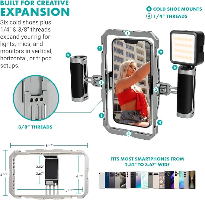 Movo iFilmer-PRO Smartphone Video Rig Kit | Stabilizer Cage with Dual Grips, Wireless Lavalier Microphones, Full Sized Tripod, iPhone/Android - Image 4