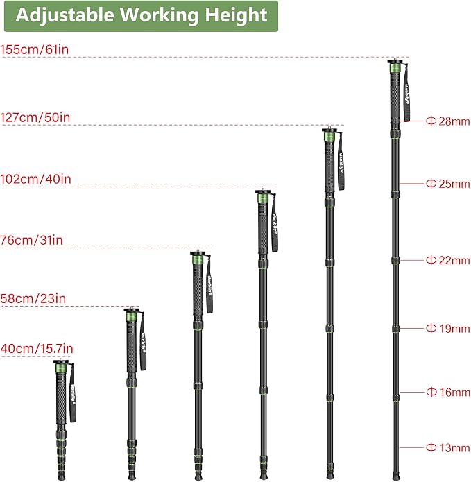 Camera Monopod Aluminum Portable Compact Lightweight Travel Monopod with Carrying Bag Walking Stick Handle,for DSLR Canon Nikon Sony Video Camcorder (Aluminum, Green&Black) - Image 5