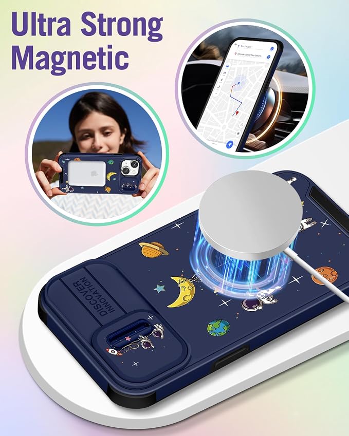 Buleens for iPhone 14 Case 6.1 Inch - with Ring Stand & Camera Cover Aesthetic Cute Designed for Women Girls Cartoon Astronaut for Phone Case for iPhone 14 Compatible with Magsafe - Image 4