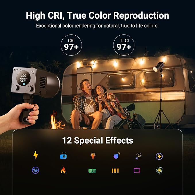 NEEWER 60W Mini LED Video Light with 50Wh Battery/100W PD Fast Charging, APP/2.4G Control/NFC, Bi Color Dimmable COB Studio Continuous Output Lighting 44,800 lux/1m 2700-6500K CRI97+ 12 Scenes, HB60B - Image 6