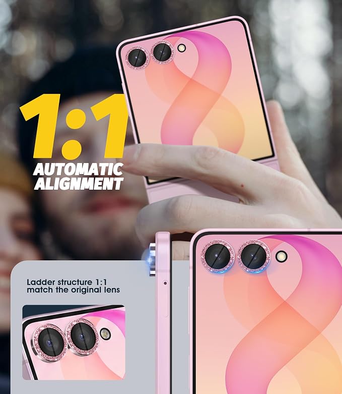 Orzero (2 Sets) Camera Lens Protector for Samsung Galaxy Z Flip 8/Flip 7, [EZ Install] [Case-Friendly] 9H Tempered Glass Bling Lens Cover Accessories, Military-Grade Shockproof, HD Clarity Anti-Glare - Glitter Pink - Image 5