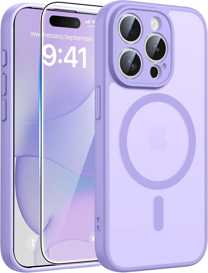 FNTCASE for iPhone 15 Pro Case, Fit for Magsafe, Screen Protector | Full Camera Protection, Translucent Matte, 14FT Military Grade Drop Proof, Shockproof Protective Phone Cover,Light Purple by FNTCASE