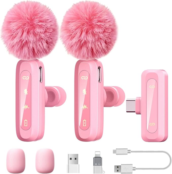 Pink Wireless Lavalier Microphone for iPhone/Android, 60ft Transmission, Record While Charging, Ultra-Long Battery Life, Noise Reduction, Plug & Play, for Vlog TikTok YouTube (Pink) by Unknown