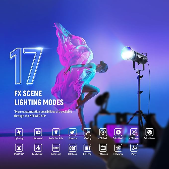 NEEWER CB 300C RGB LED Video Light with Reflector, 300W, APP/2.4G Control, 17 Scenes 29600Lux/1m 2500-7500K CRI97+/TLCI97+ Full Color Bowens COB Continuous Output Lighting Dimmable for Studio Filming - Image 6