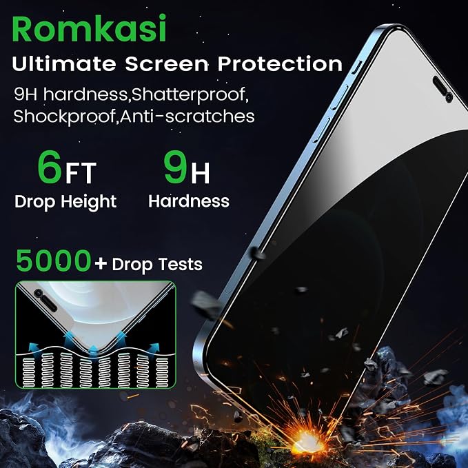 Romkasi 3 Pack Privacy Screen Protector for iPhone 12 Pro Max 6.7 Inch with 3 Pack Camera Lens Protector, Anti Spy Tempered Glass Film, Anti-Scratch, Touch Sensitive, Case Friendly - Image 5