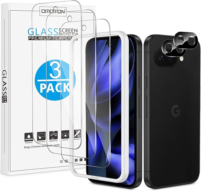 OMOTON 3+2 Pack for Google Pixel 9a Screen Protector 6.3 inch | 3 Pack Tempered Glass Screen Protector & 2 Pack Camera Lens Protector with Alignment Framework, Case Friendly by OMOTON