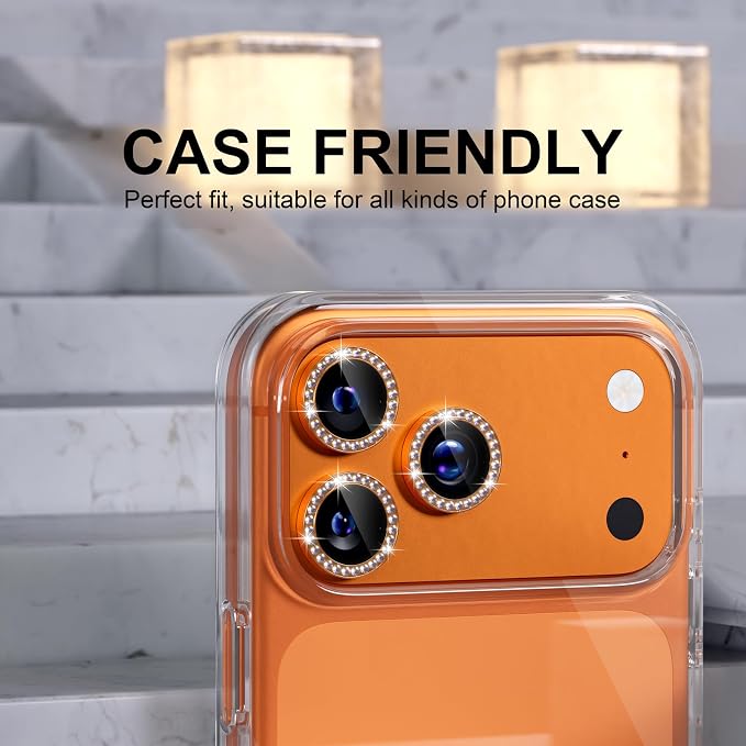 Choiche for iPhone 17 Pro/iPhone 17 Pro Max Camera Lens Protector | Ultra HD, Bling 9H Tempered Glass Camera Cover Screen Protector Metal Ring Decoration Accessories (Diamond-Orange) - Image 4