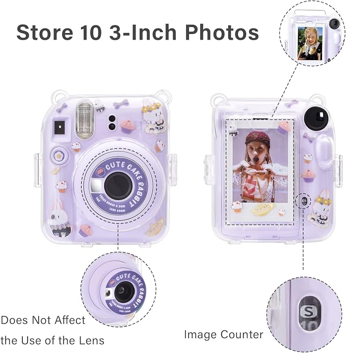 Rieibi Clear Case Compatible with Fuji Instax Mini 12, Carrying Case Bag for Fujifilm Instax Mini 12 Instant Camera with Photo Storage Pocket, Strap and Cute Sticker - Purple - Image 4
