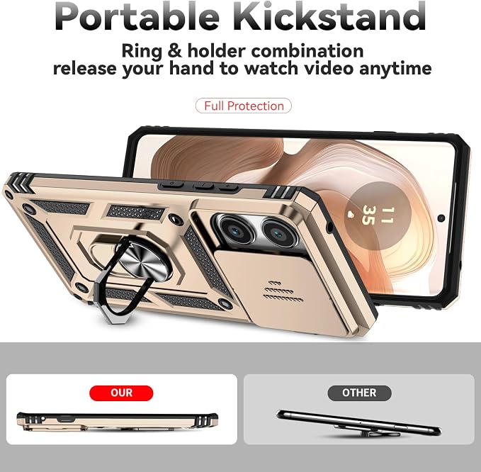 SunStory Compatible with Motorola Moto Edge 2025 Case with HD Screen Protector & Slide Camera Cover & Rotated Ring Kickstand, [Military-Grade] Phone Case for (Golden, Moto Edge 2025) - Image 2