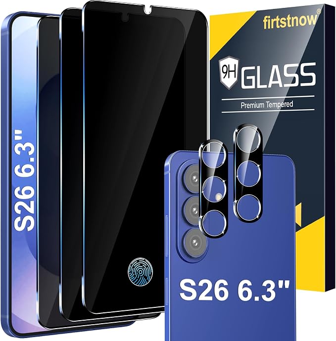 firtstnow 3 Pack Privacy Screen Protector for Samsung Galaxy S26 Tempered Glass + 2 Pack Camera Lens Protector, True 25°Anti Spy, 9H+ Hardness, Fingerprint Unlock, Case Friendly Bubble-Free 6.3 Inch by Unknown