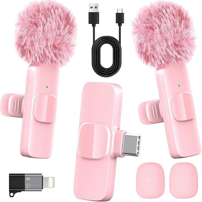 Pink Wireless Lavalier Microphone for iPhone & Android - Mini Clip-On Mic with Noise Cancellation, 65ft Range, 8H Battery, USB-C/Lightning - for TikTok, YouTube, Podcast, Live Streaming by Unknown