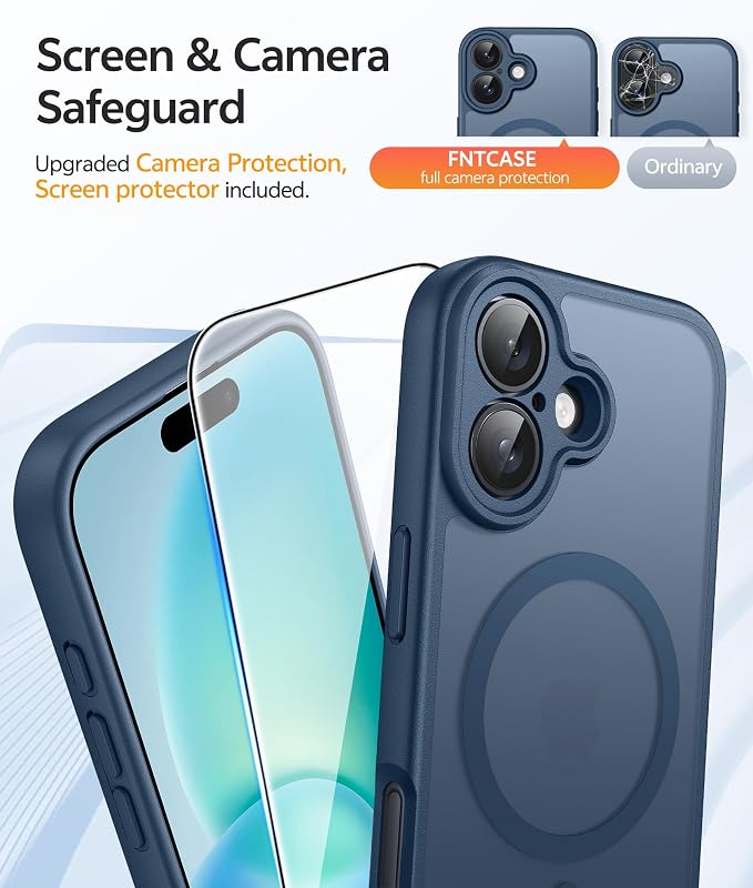 FNTCASE for iPhone 16 Case, Fit for Magsafe, Screen Protector, Blue | Full Camera Protection, Translucent Matte, 14FT Military Grade Drop Proof, Shockproof Protective Phone Cover - Image 4