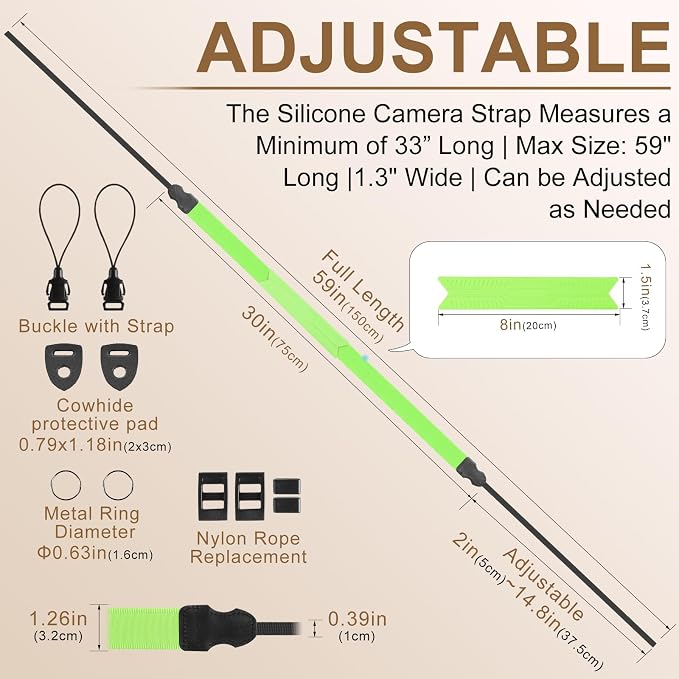 FIEIL Neck Strap Silicone Camera Straps - Padded Camera Strap, 1.5" Wide Adjustable Nylon Shoulder Strap - Compatible with Canon, Nikon, Sony, and More DSLR and Mirrorless Cameras (Fluorescent Green) - Image 4