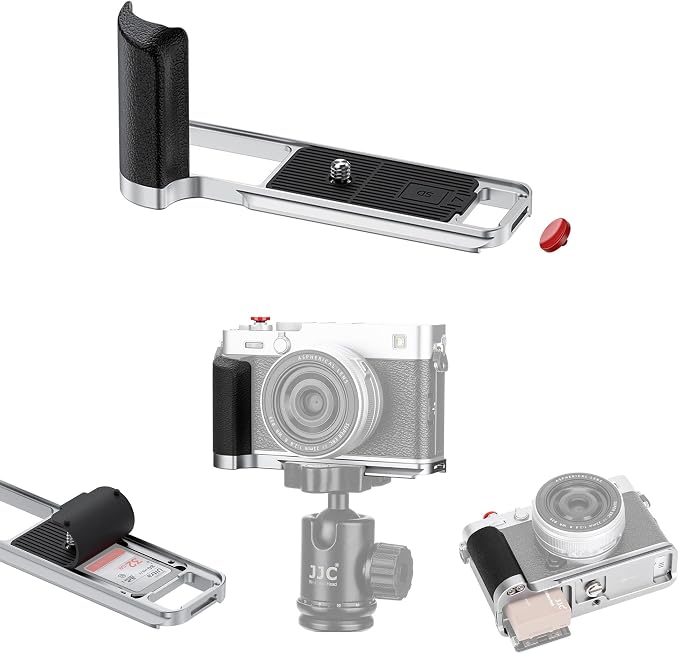 JJC Metal Hand Grip L-Bracket & Shutter Button for Fuji X-E5 Camera, Silver | Silicone Handgrip Cover, Anti-Slip Pads with SD Card Holder, Arca Swiss Quick Release Plate & 1/4"-20 Tripod Hole by JJC